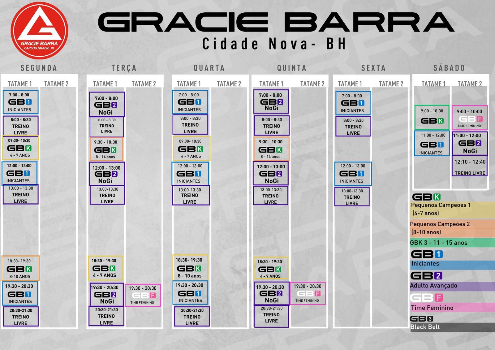 Quadro de horários da Gracie Barra Cidade Nova